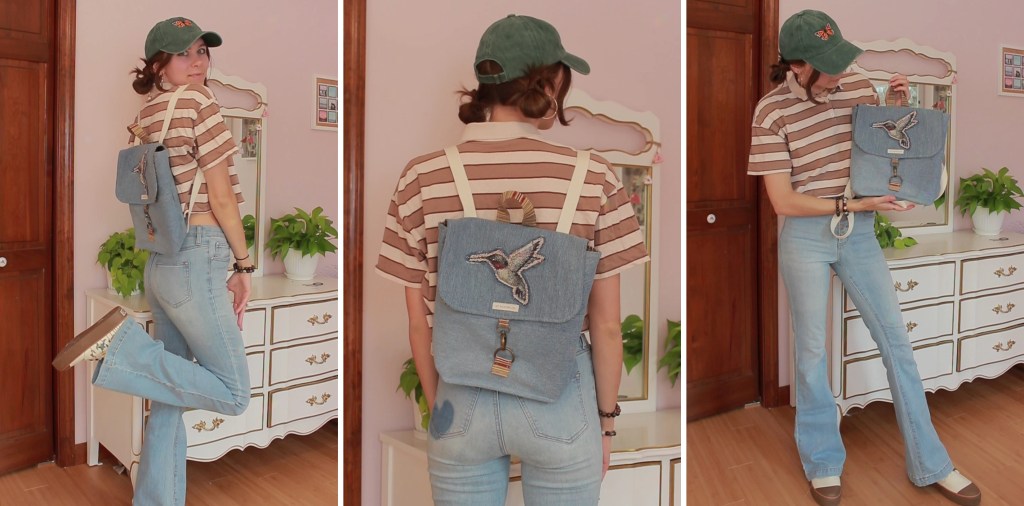 Photos of a girl wearing a striped shirt, baseball hat, and a denim backpack
