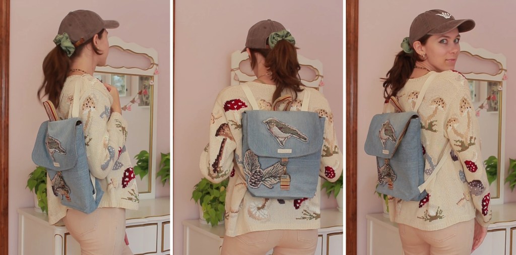 Photos of a girl wearing a sweater, baseball hat, and a denim backpack