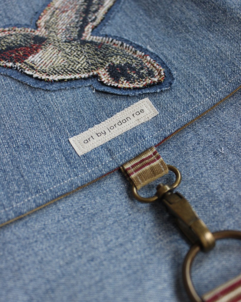 Up-close details of a handmade denim bag