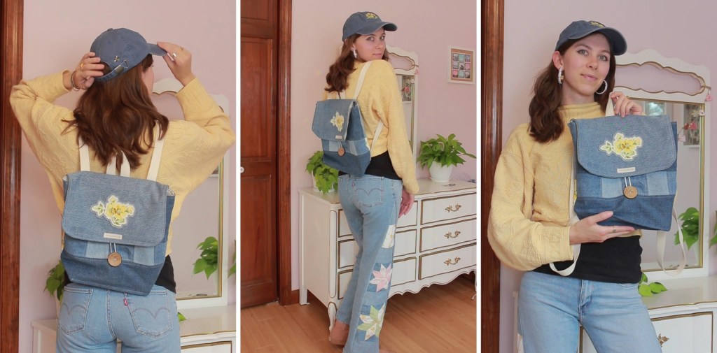 Photos of a girl wearing a yellow sweater, baseball hat, and a denim backpack