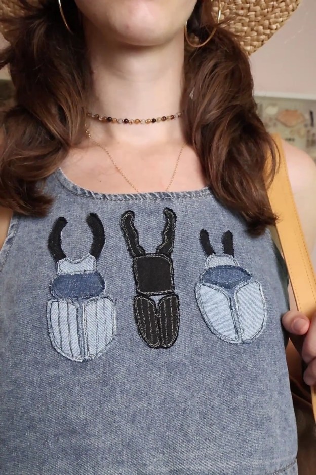 A shirt with three bug patches sewn onto it